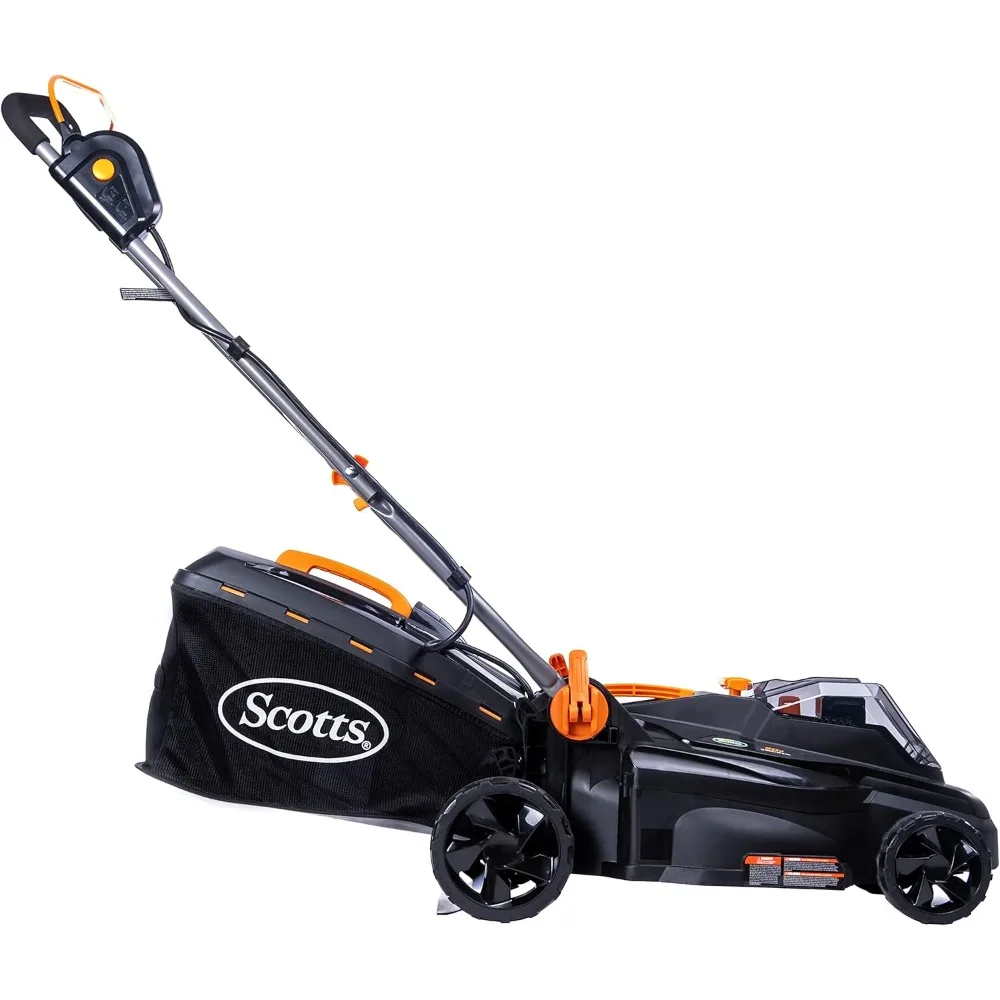 Cortador de grama elétrico sem fio Scotts de 20 volts e 16 polegadas com bateria de 5,0Ah e carregador rápido, preto/laranja