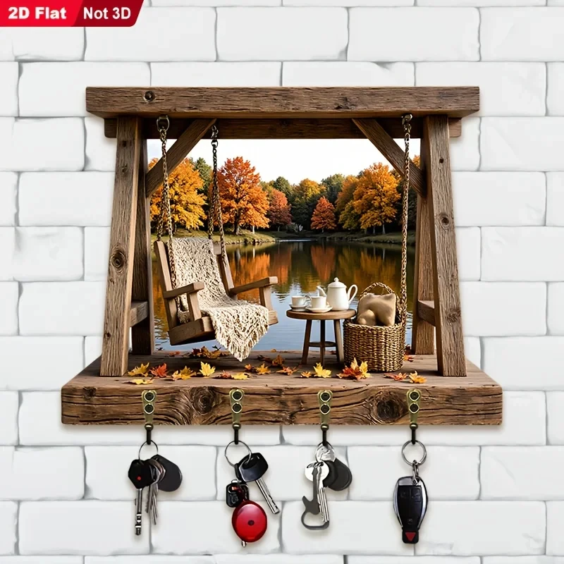 2D Flat, 1pc, Autumn Lakeside Theme Style Key Hook, Wooden Multifunctional Home Key Rack, with Four Metal Hooks, Wall Decor,