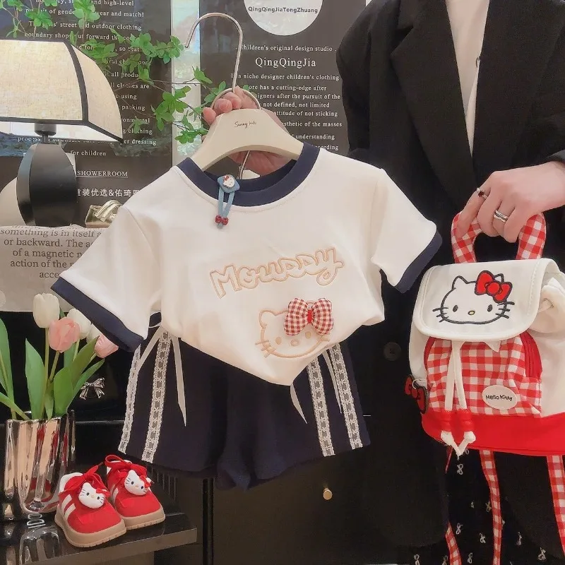

Hello Kitty Anime Kawaii Sanrio Ins Fashion Casual Home Wear Clothes Cute Cartoon Short Sleeved Shirt Pants Gifts for Kids