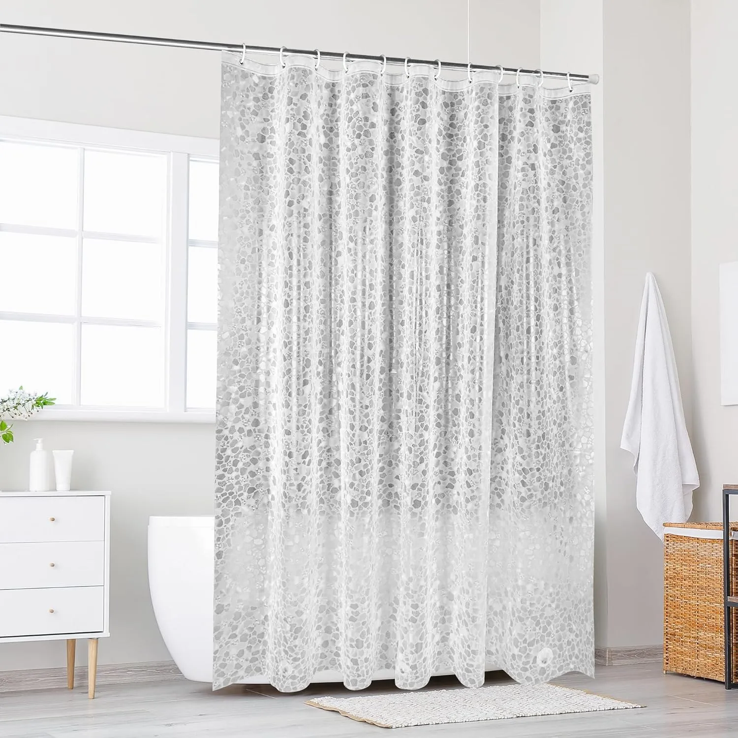 3D Crushed Stone Texture PEVA Shower Curtain Set – Waterproof, Plastic Hooks, 5 Sizes Available for Bathtub & Shower Stall