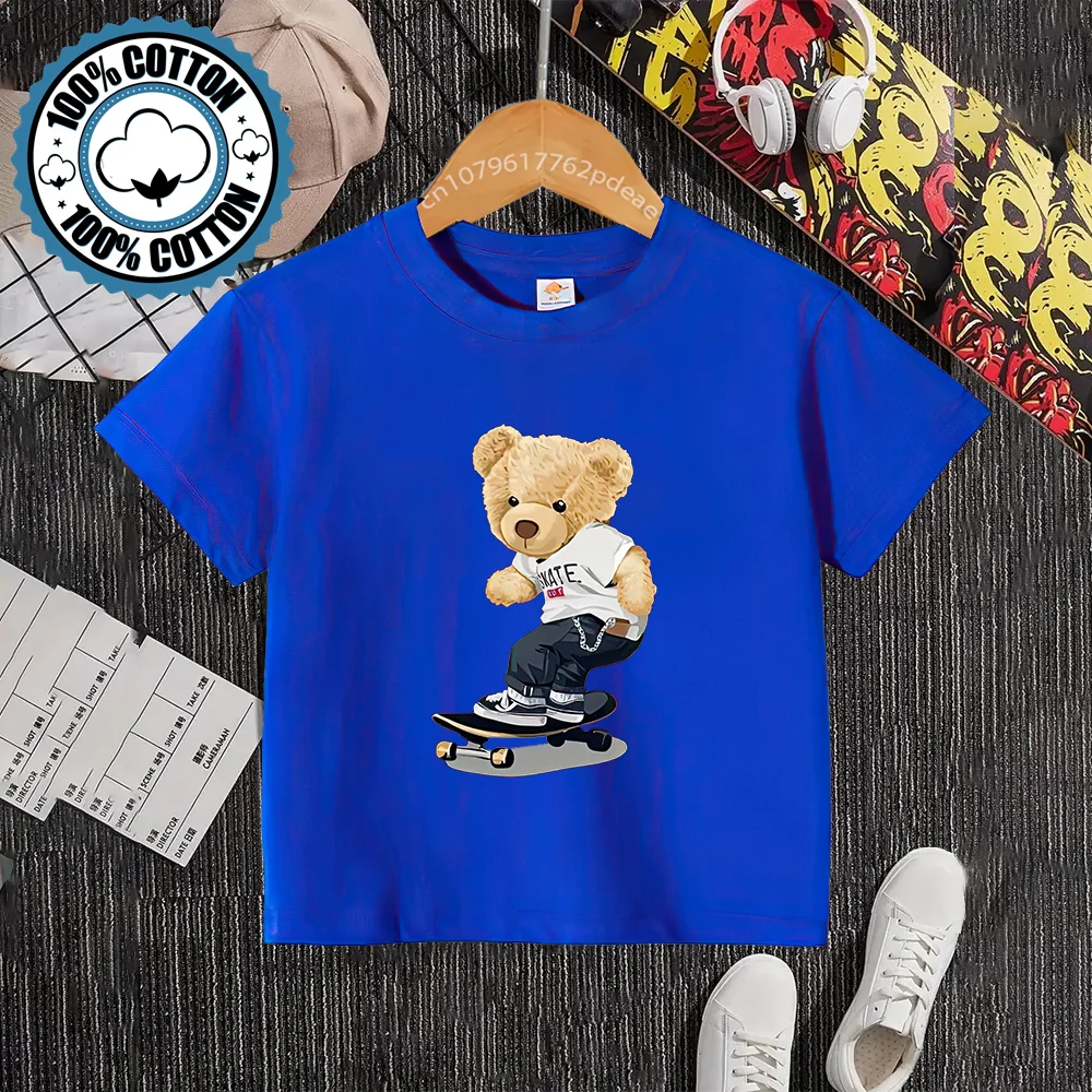 Kids Summer Creative Skateboard Bear Print 100% Cotton T-shirt Boys Girls Comfortable Casual Short sleeve teen top Cotton T-shir