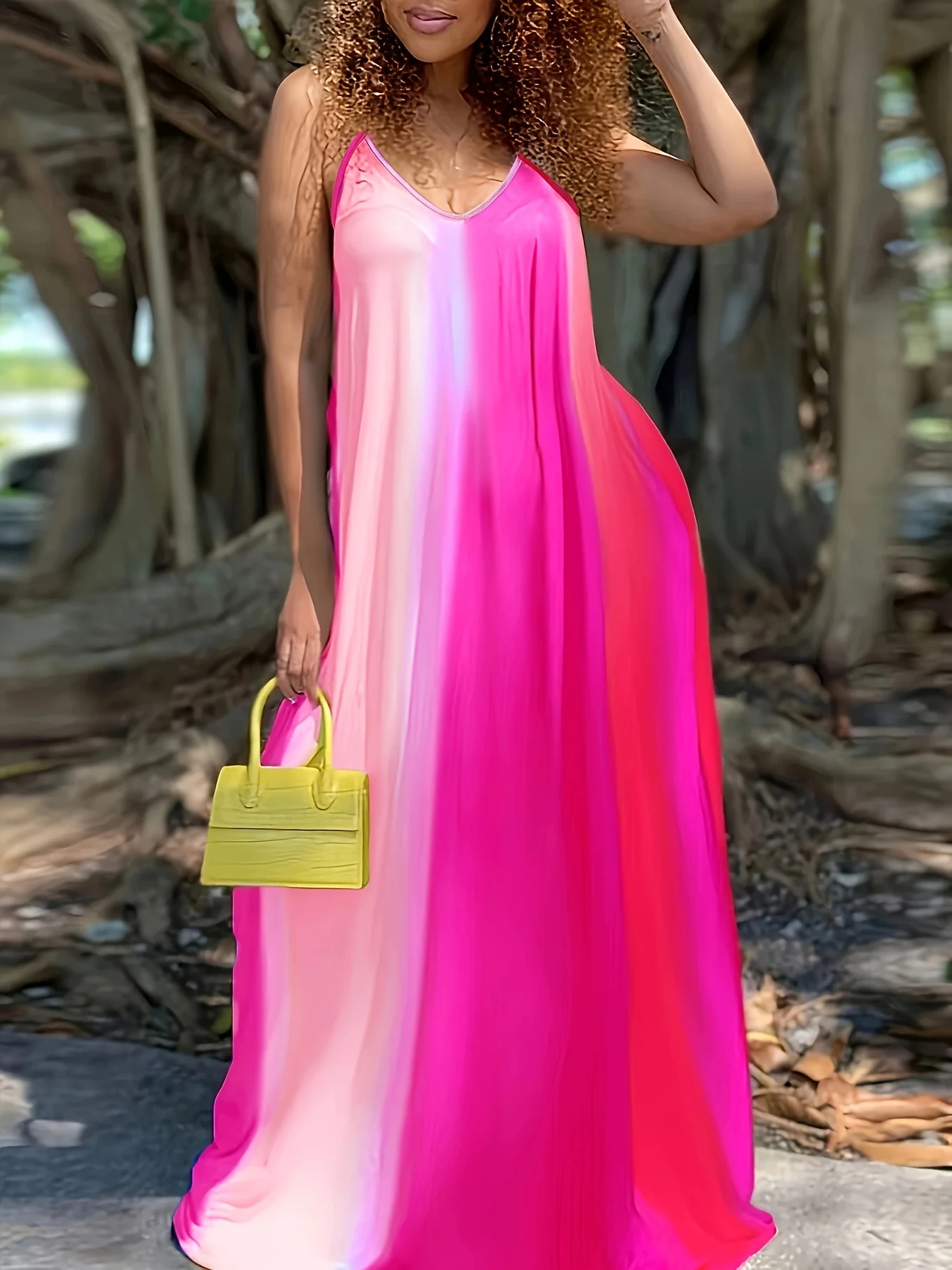 Europäisch-amerikanisches, langärmliges Camisole-Kleid im Farbverlauf, V-Ausschnitt, ärmellos, locker und elegant, Strandkleid für den Urlaub – Detail 3