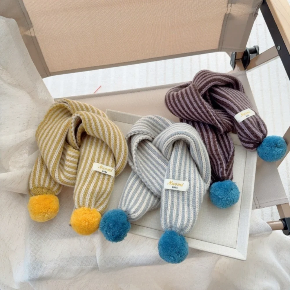 Fashion Stripe Knitted Scarf Windproof Cold Proof Keep Warm Blanke Colorful Pom Pom Neck Warmer for Children
