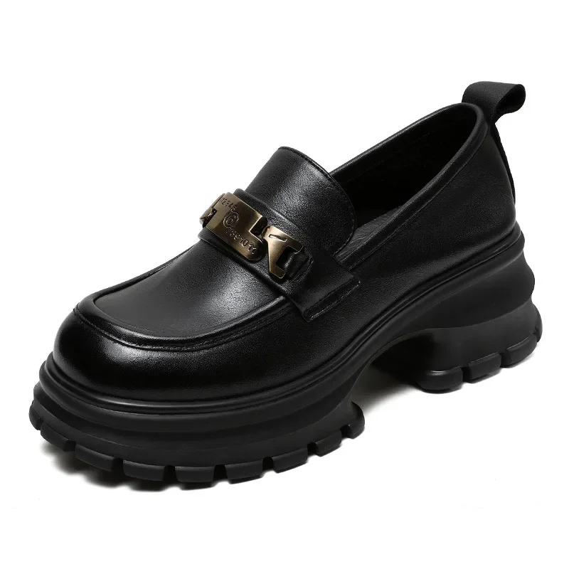 

6CM Genuine Cow Leather Loafers Women 2024 Autumn New Design Pumps Round Toe Metal Thick High Heel Chunky Platform Shoes