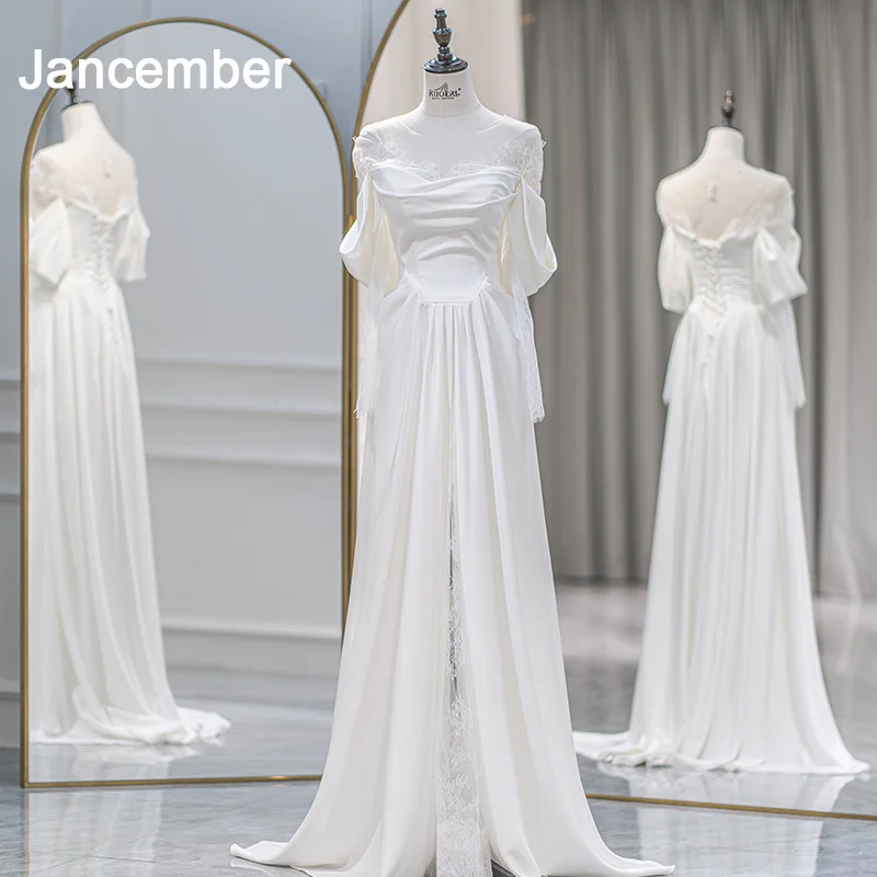 

Jancember Luxury A-line O-Neck Wedding Dress Beading Satin Length Sweep Train Bridal Gowns Split Vestido De Novia QW01555