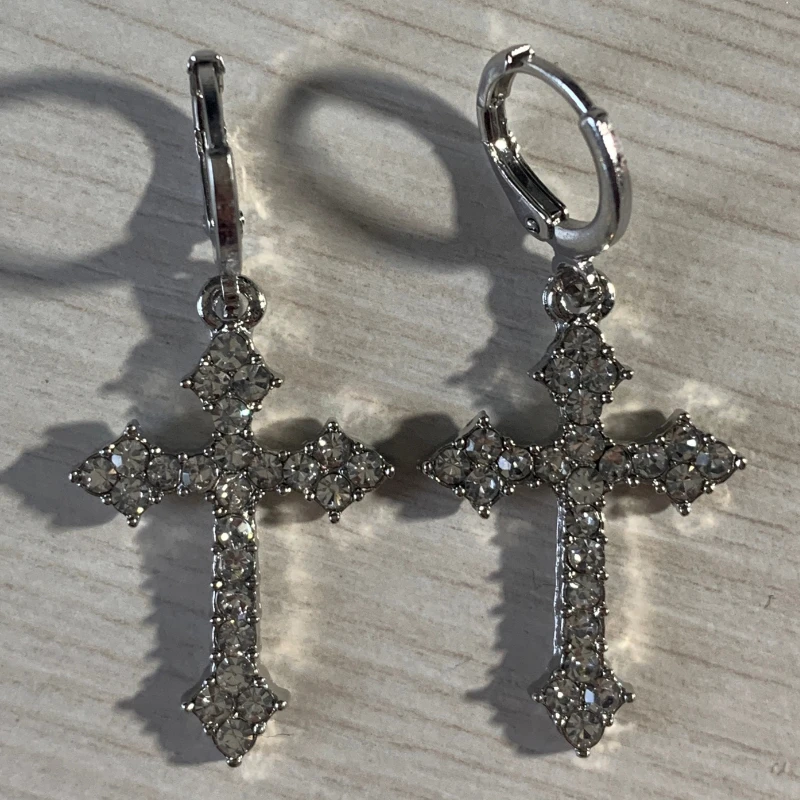 Y2K Gothic Rhinestone Cross Earrings Kpop Silver Zircon Cross Drop Earring for Women Grunge Egirl Earrings Jewelry Accessories