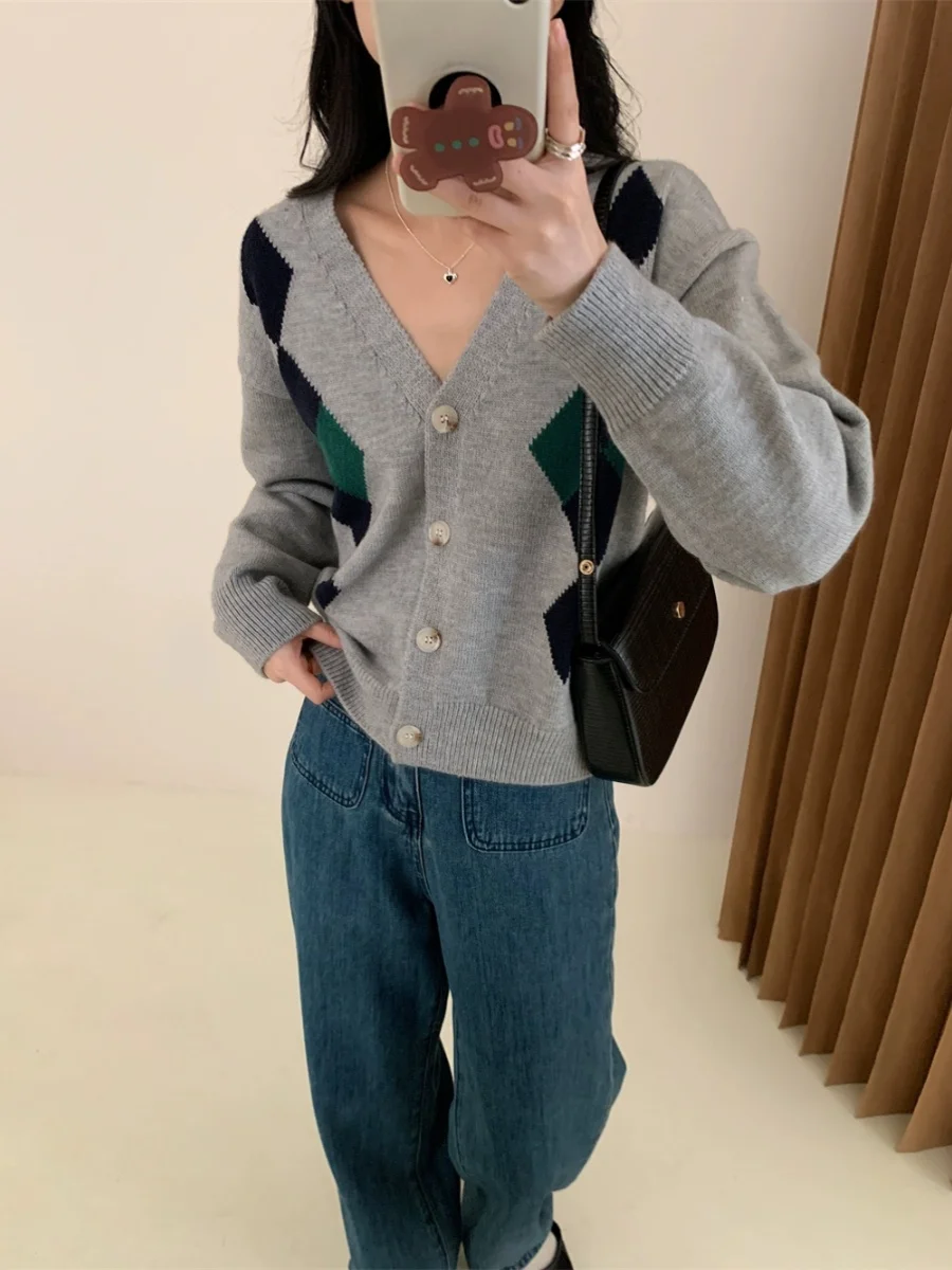 

Loose Basic Knitted Sweater V-Ne Color Blo Diamond Pattern Old Money Sle All Match Open Cardigan Fem Spring Autumn