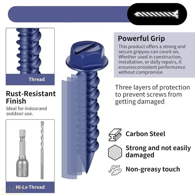 12PD 40Pcs Hexagonal Head Concrete Screw Anchors For Construction And Home Repair Task