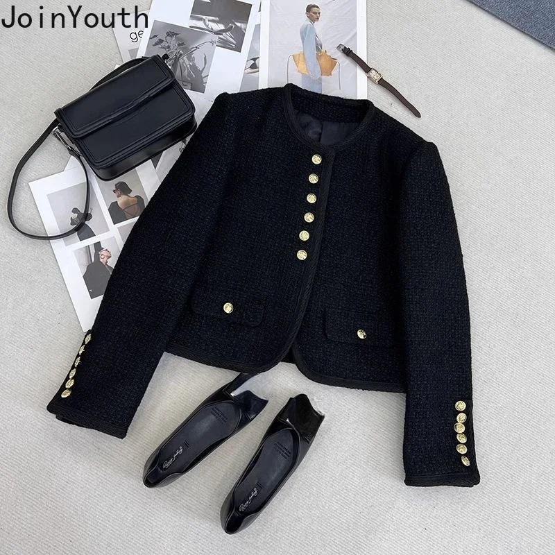 Women Jackets 2023 Ropa Mujer O-neck Long Sleeve Black Vintage Outwear Crop Tops Fashion Thicked Tweed Coat Fall Winter Clothed