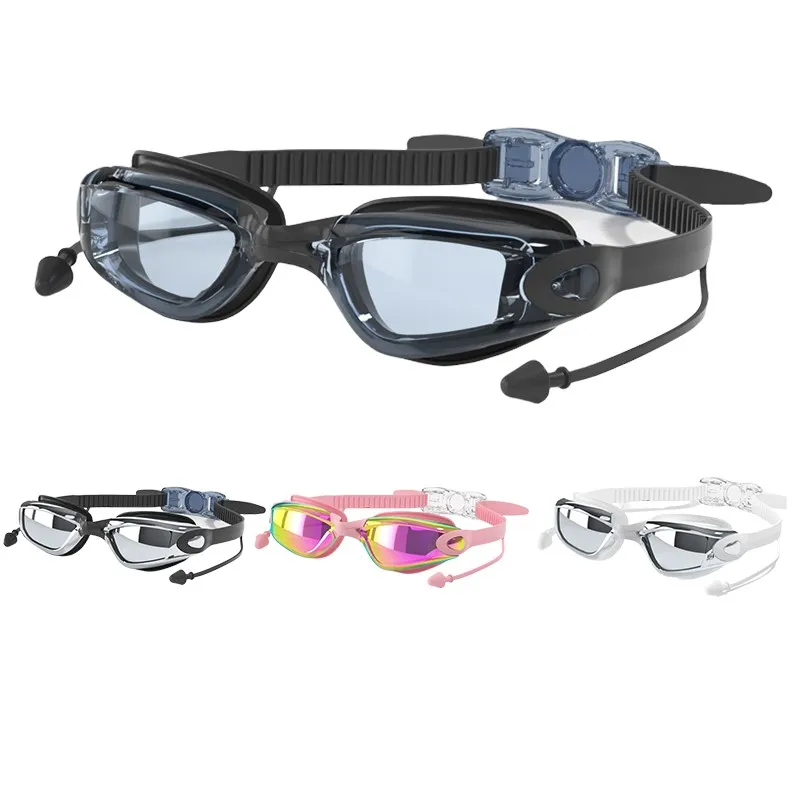 Swimming Goggles with Integrated Earplugs, Adjustable Headband, for Swimming Competition, Training & Water Trip