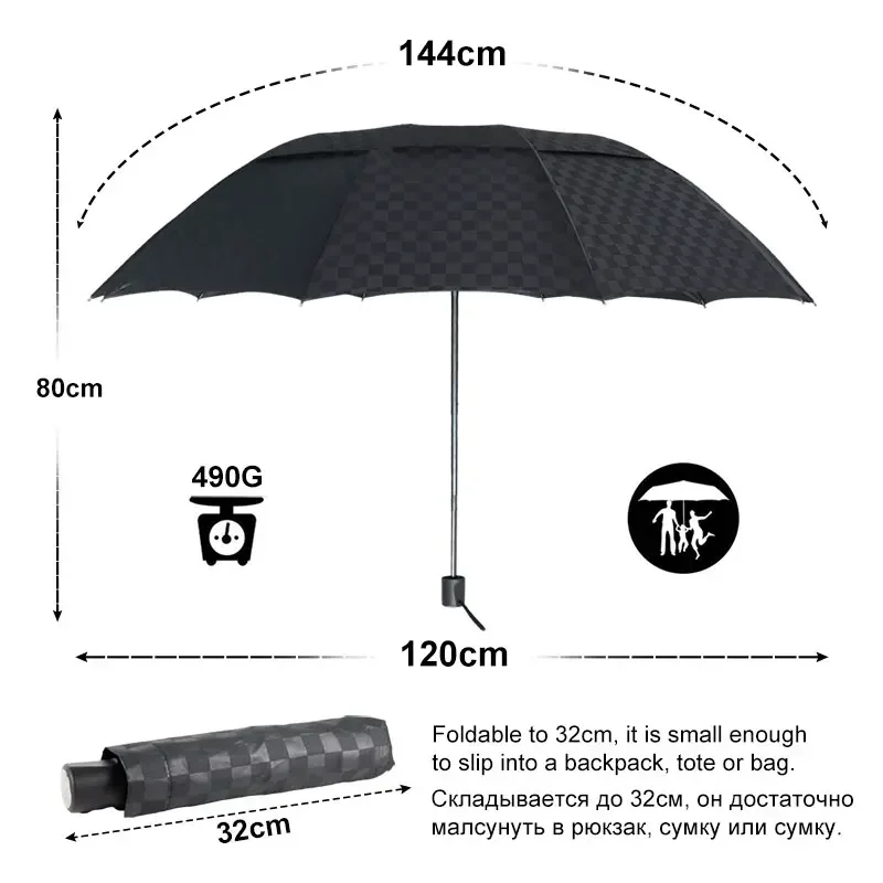 Windproof 3Folding Umbrella Rain Women Men Double Layer Big 10K Business Umbrellas Male Dark Grid Paraguas Family Travel Parasol