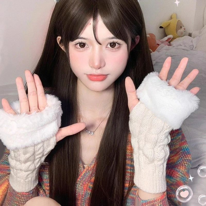 Guanti da donna in maglia bianca autunno e inverno Torsioni di pasta fritta Guanti di peluche Autunno Inverno Mantieni caldi guanti di lana senza dita