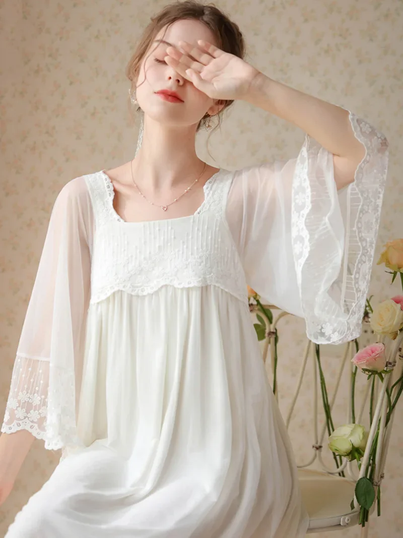 White Fairy Sweet Mesh Princess Nighty Dress Flare Sleeve Embroidery Lace Peignoir Nightwear Victorian Nightgowns Sleepwear