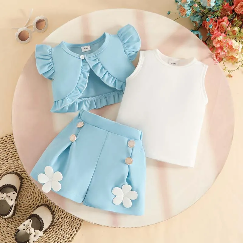 Toddler Girl Clothing 3-Piece Set 1–3 Years Summer Fashion Sleeveless Short Jacket+Vest Tops+Floral Shorts Baby Girl Outfits