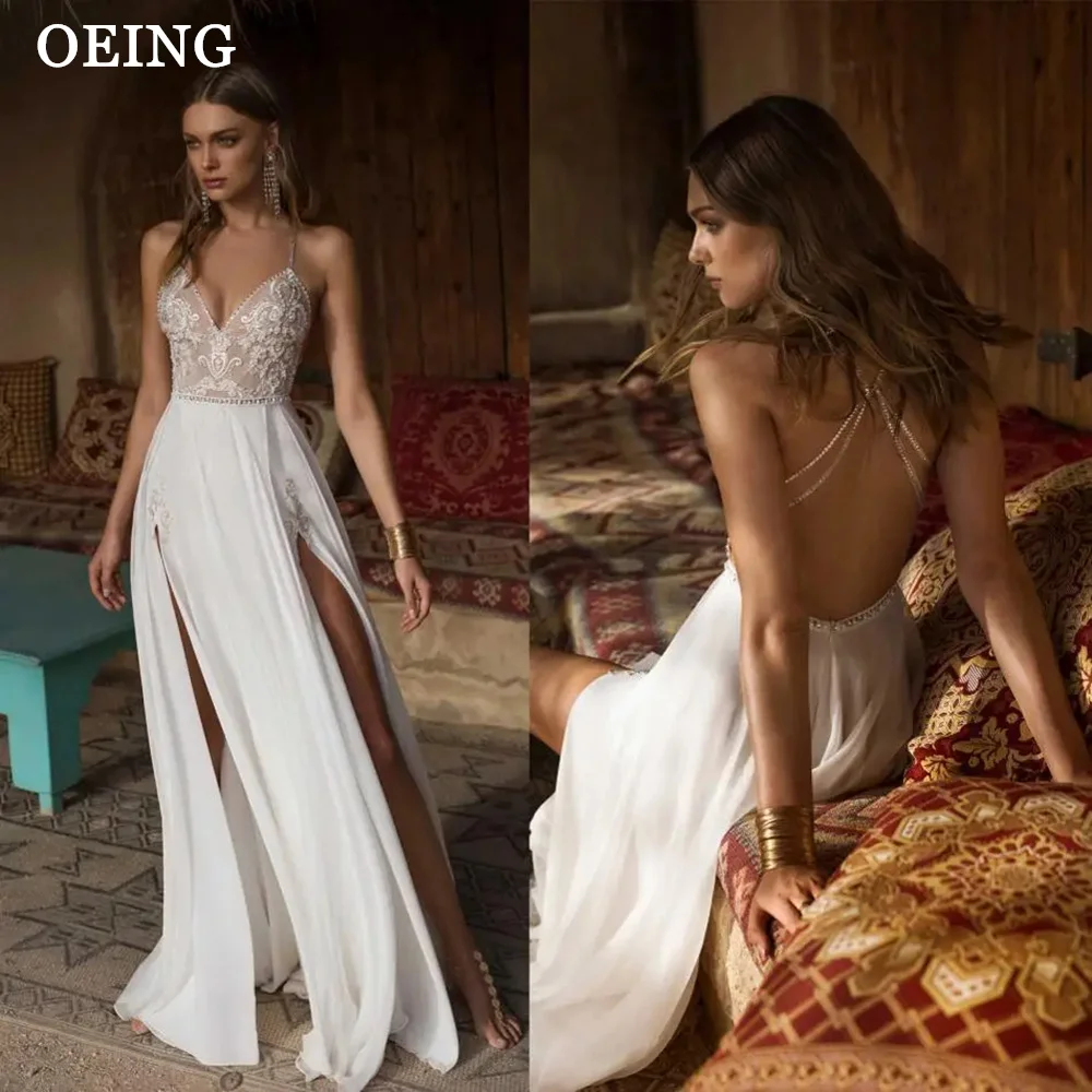 

OEING Boho Sexy V-Neck Wedding Dress Simple Appliques Lace High Slit Bride Dress Spaghetti Straps Bridal Gowns Vestido De Noiva