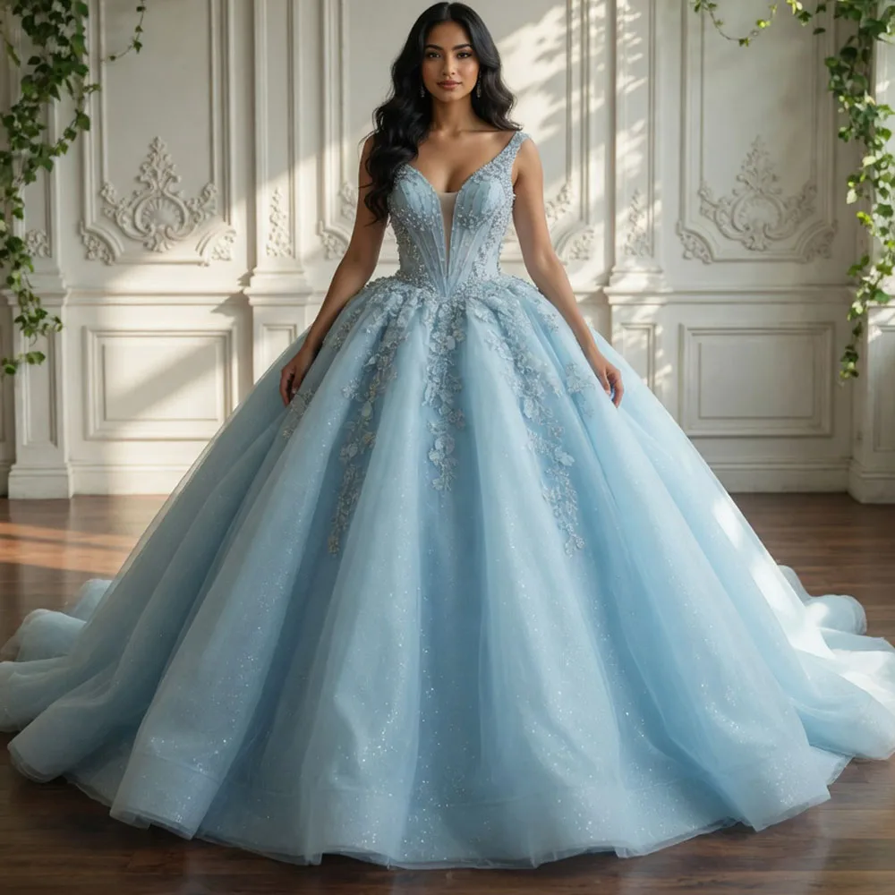 

Платье для девочек в стиле 2026 года: синее, без рукавов, с вышивкой бисером, на шнуровке сзади, для церемонии Кинсеаньеры