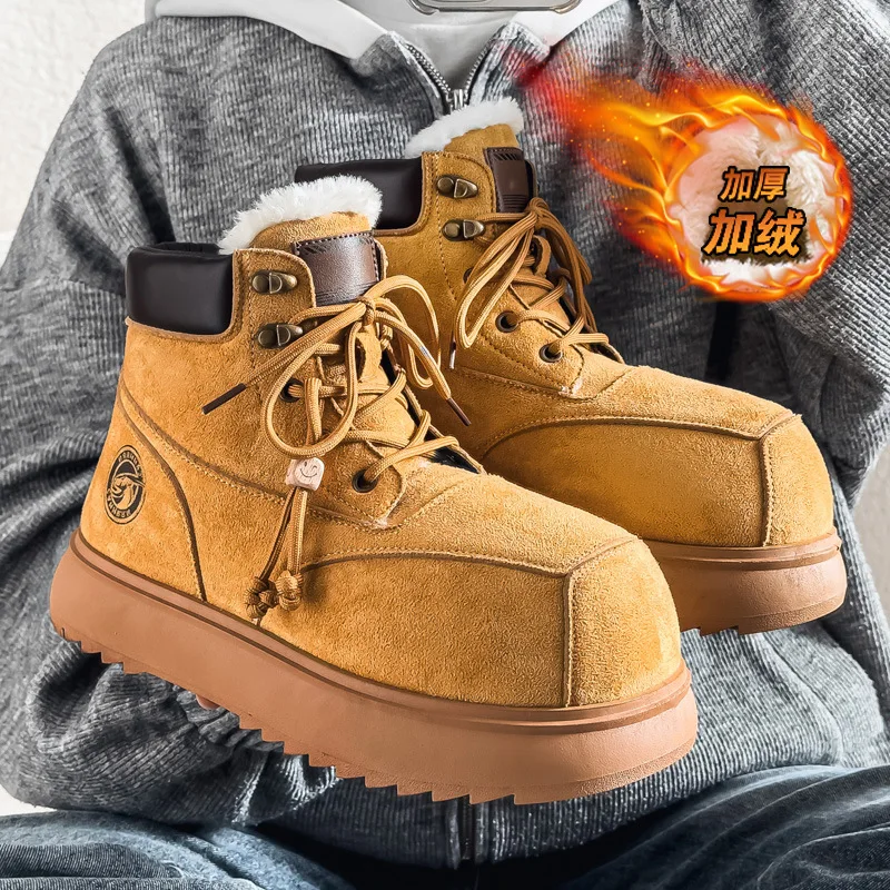 2025 남성용 하이탑 워크 부츠, 청키 플랫폼 라운드 토 겨울 아웃도어 하이킹 부츠, 키높이 캐주얼 컴뱃 부츠