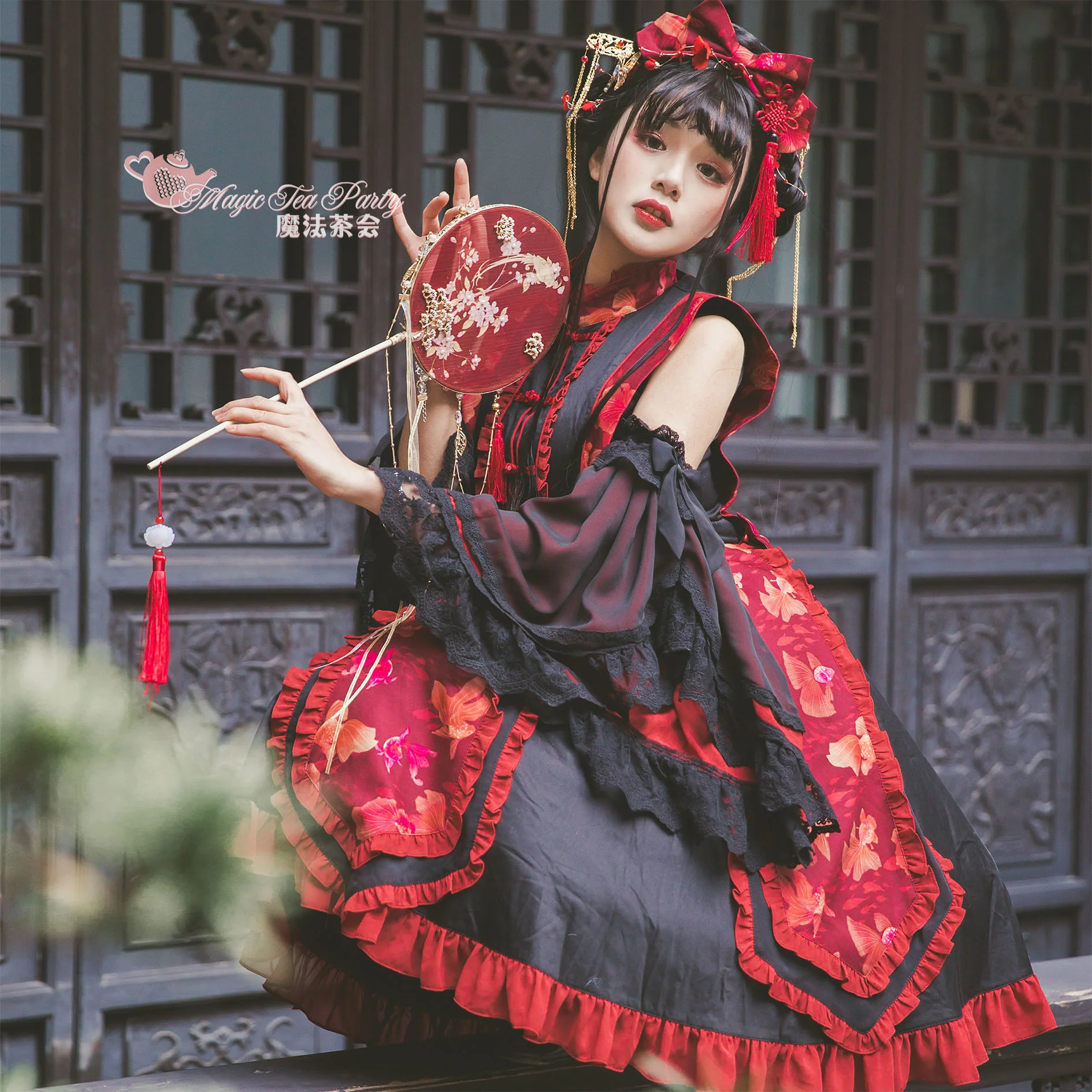 Dark Gothic Lolita Set Chinese Ghost Jiangshi Summer Retro Short Skirts Cute Chinese Style Lolitas Outfit Top+Skirt+Hat