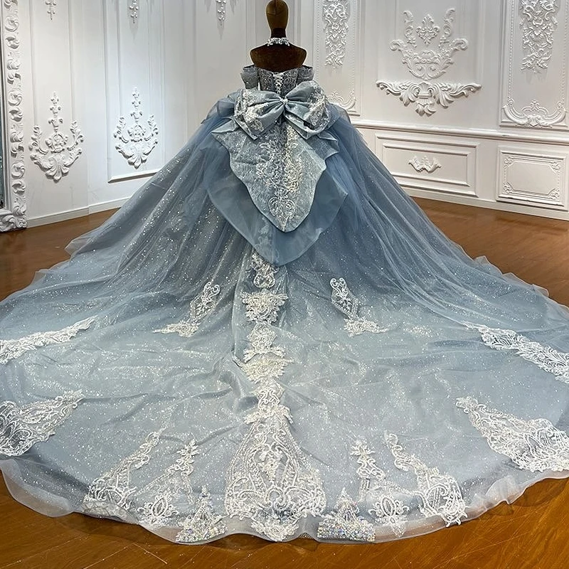 Sea Blue Shiny Quinceanera Dresses Ball Gown Off The Shoulder Sequin Applique Lace Bow Beading Crystal Tull Corset Sweet 16