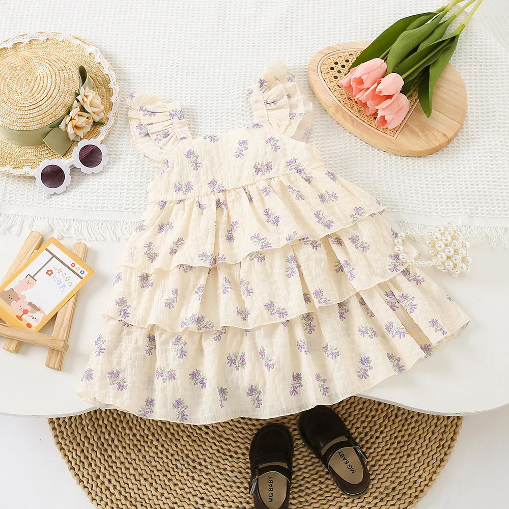 Summer Baby Girl Dress Cute Floral Small Flying Sleeve Princess Dress For Kids Girl Korean Version Bow Beach Thousand Layer Birt