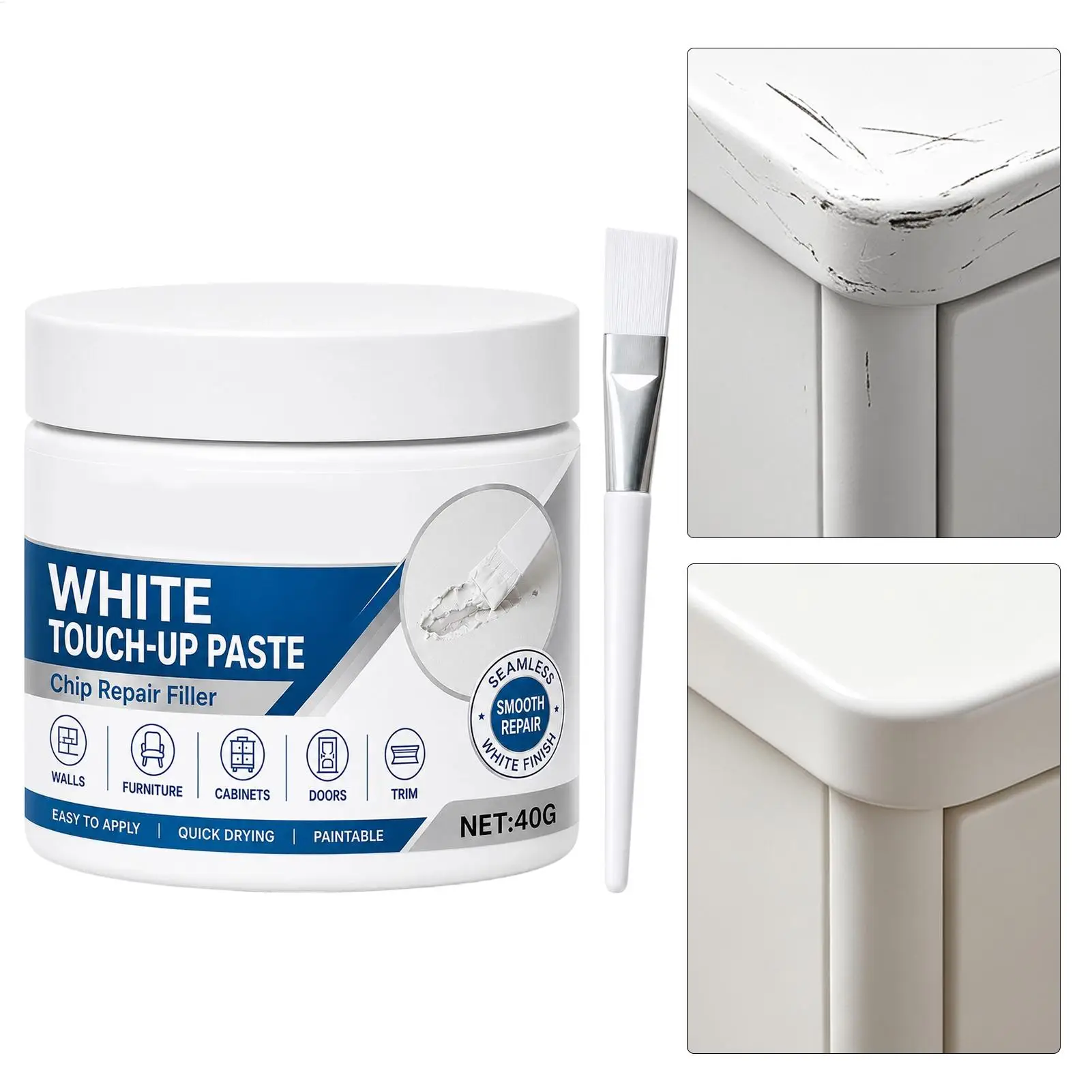 White Furniture Repair Paste 40g Quick Dry Scratch Remover Chip Mending Wood Filler Wall Paste Kit for Home Cabinet Door