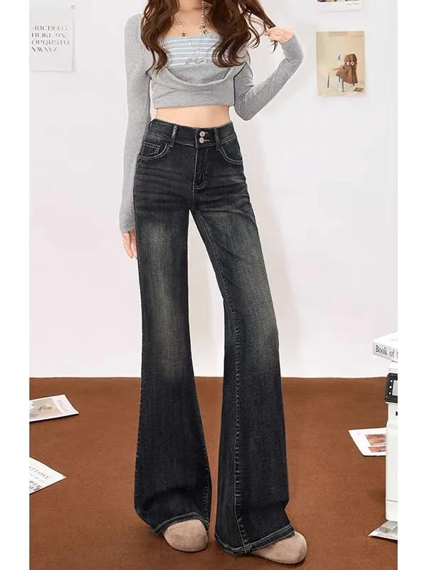 Retro Slim Fit Micro Flared Pants Women's Double Button Autumn New Style Middle School High School Students Long Pants