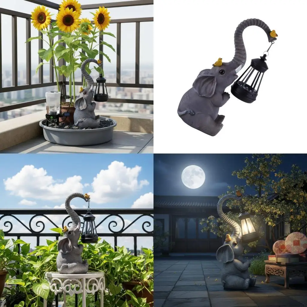 Elephant Garden Statues with Solar Lights Outdoor Decoration Resin Elephant Figurine Lawn Ornament for Patio, Balcony, Yard 37JD