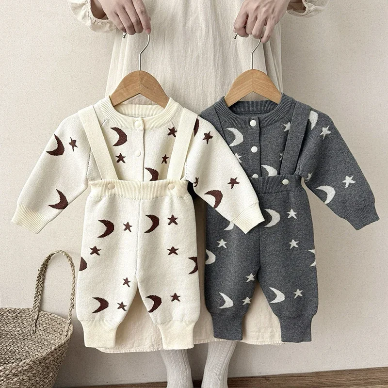 2025 New Autumn 0-3Yrs Baby Clothing Suit Long Sleeved Knit Printing Cardigan+Jumpsuit Toddler Baby Girl Boys Clothes Set