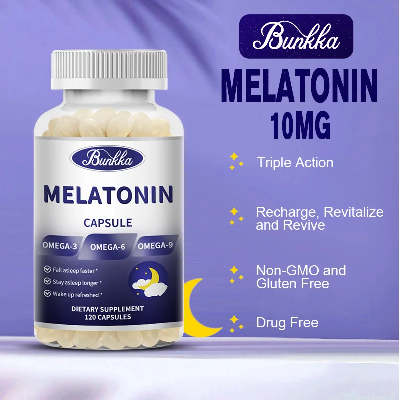 BUNKKA Melatonin Capsules to Sleep Melatonin 10mg Support Sleep Quality Deep Sleep Insomnia Help Relax Brain Stress Relief Adult