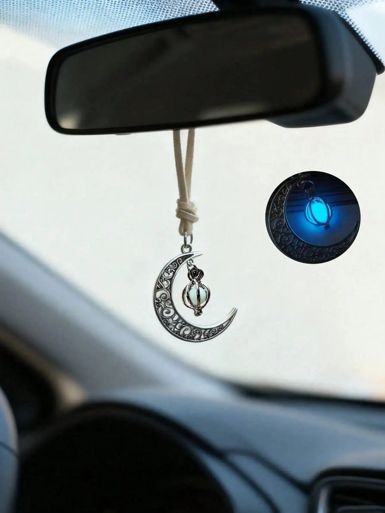 Luminous Moon Pendant Car Hanging Ornament – Hollow Crescent Design, Inlaid with Luminous Stone, Elegant Rearview Mirror Decor image 6