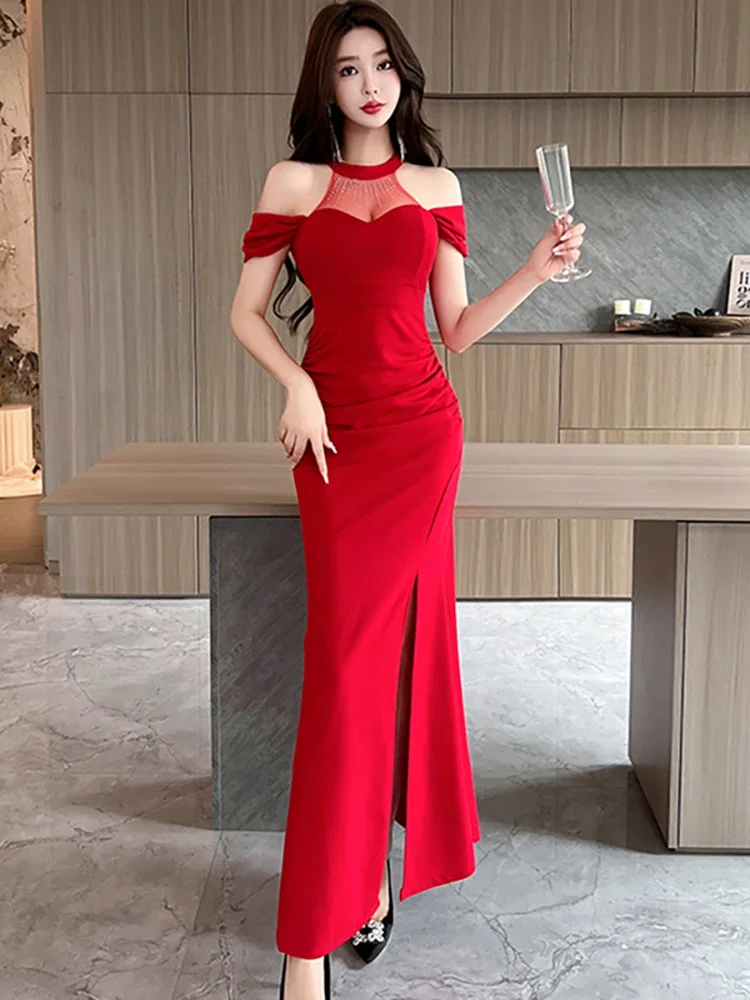 เกาหลีวินเทจหรูหราชุด 2025 Elegant Bodycon Party Dressผู้หญิงสีแดงPatchworkตาข่ายSheer Offไหล่ชุดยาวเซ็กซี่ฤดูร้อน