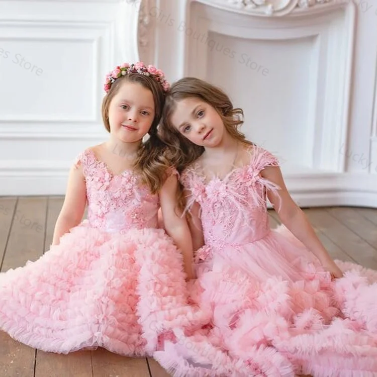 Pink Tulle Flower Girl Dresses Lace Appliques Feathers Kids Birthday Gowns Tiered Ruffles Little Girls Photoshoot Dresses