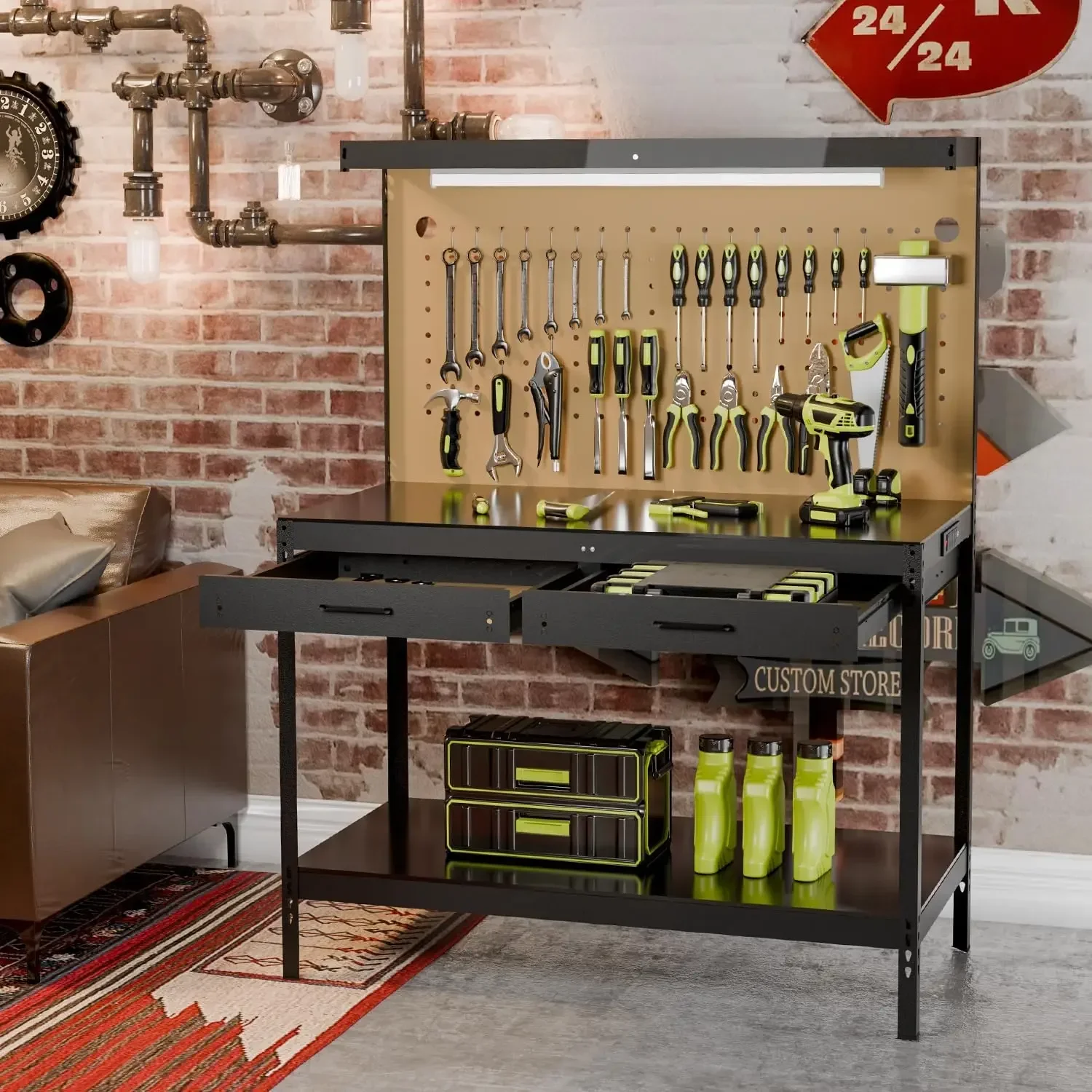 Multipurpose Work Bench, A3 Steel Workbench with Drawers, Pegboard, 600LBS Capacity Garage Workbench with Led Lights