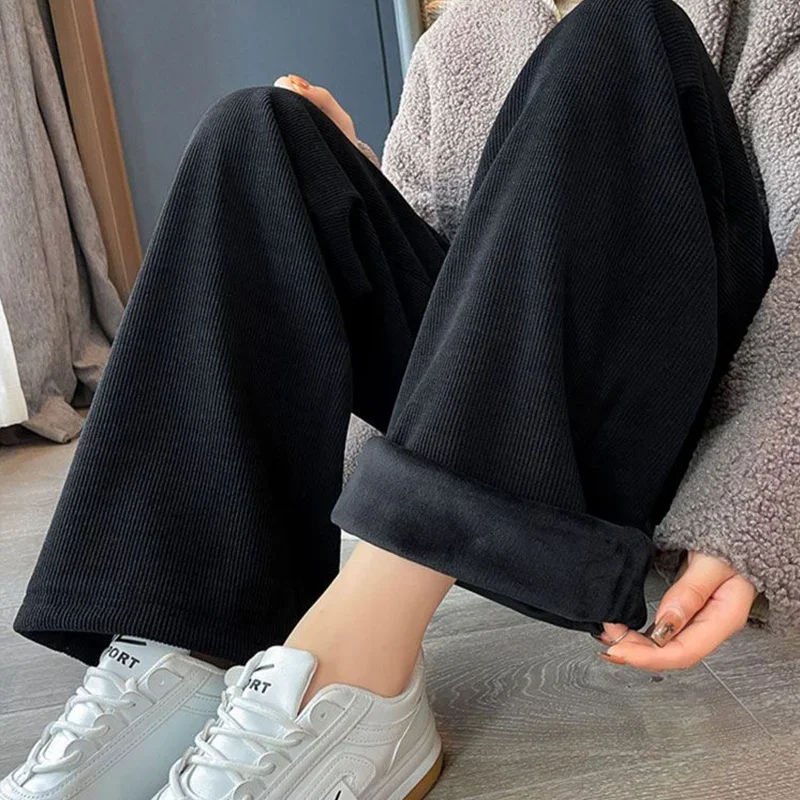 Fleece Wide Leg Pants Ladies Autumn Winter Straight Women Clothes Casual Solid Color High Waist Trousers Elastic Waist Pants