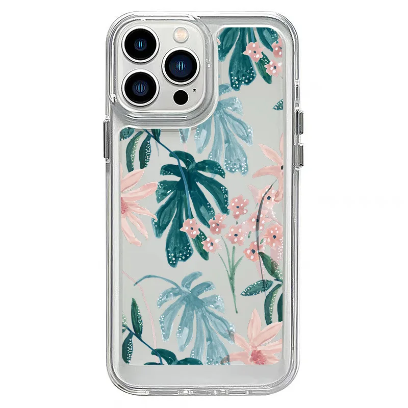 Art Leaf Flower Wash Painting Clear Case For Iphone 11 12 13 14 15 Pro Max Space Shell 15 Plus X XS Max Acrylic Shockproof Cover