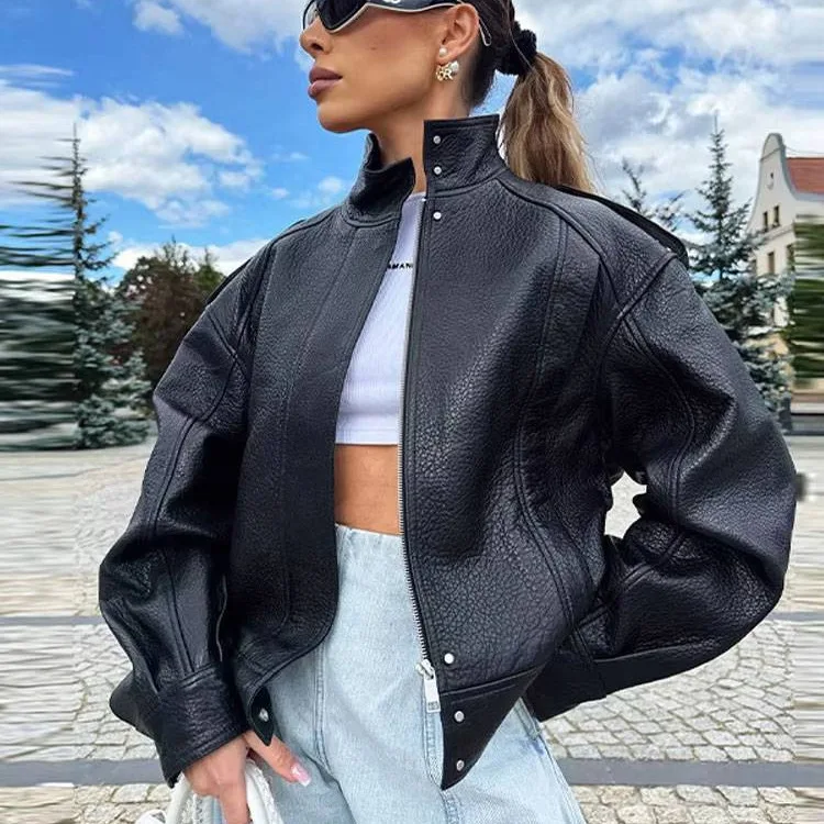 

Осенняя куртка из искусственной кожи для женщин, модное уличное пальто, куртки с длинными рукавами на молнии, зимняя повседневная женская верхняя одежда
