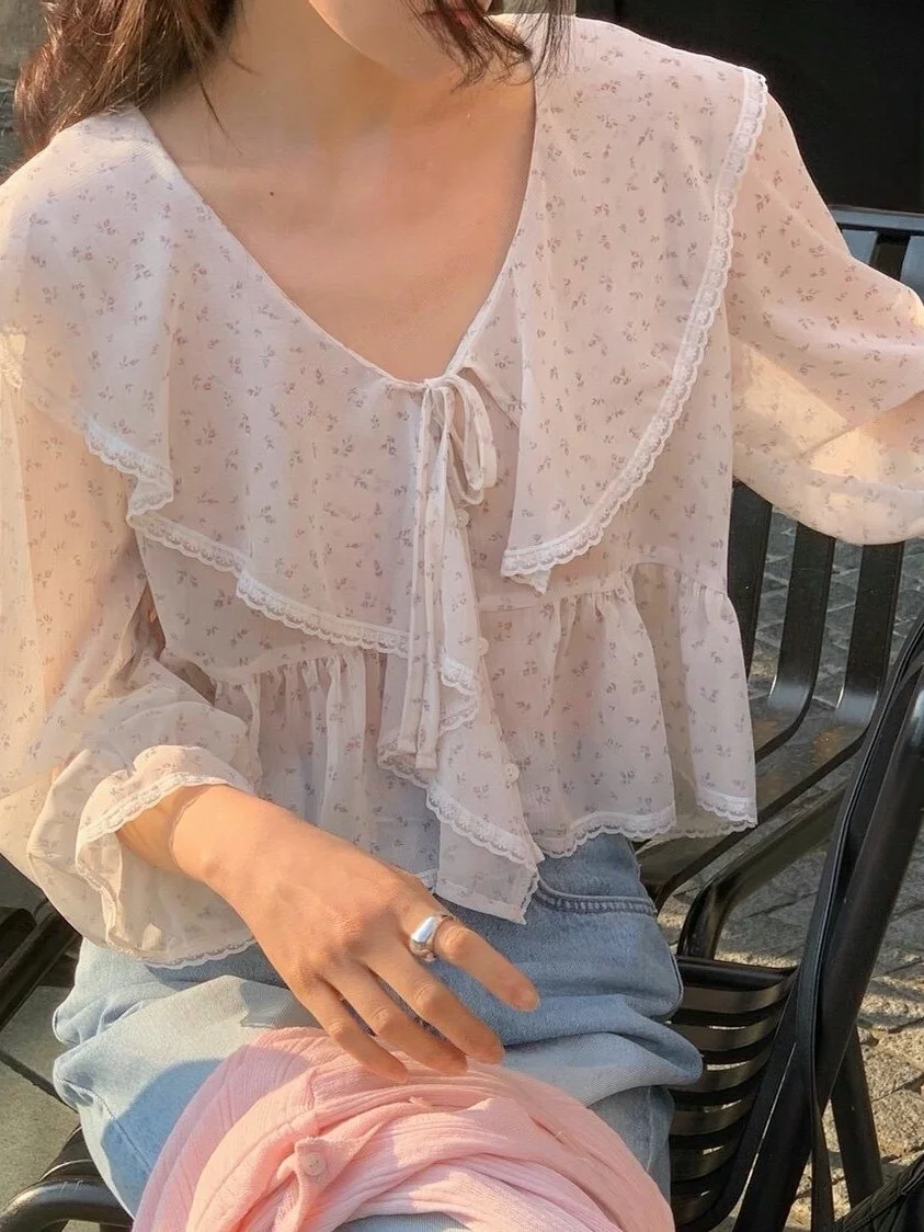 

Chic Floral Lace ort irt Women's Fre Design Korean Sle V-Ne Long Sve Floral Print Patchwork Ele Top Spring