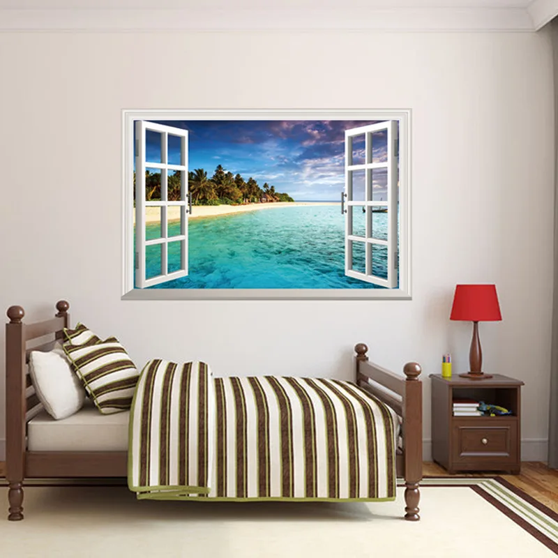 3D Ocean Beach Sunshine False Windows Bedroom Children's Room Stickers Pop Good-looking