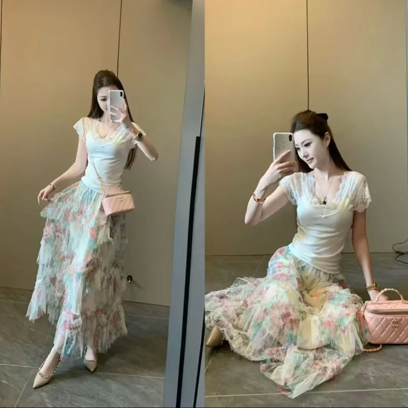 Summer New Style Heavy Bead Irregular Skirt Lace Splice V-Neck Short Sleeve Casual High Waist Cake Skirt Polyester Fiber