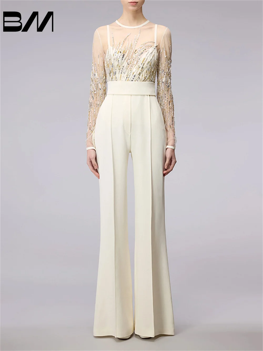 Classic Spring Summer Women Jumpsuit New Celebrity-Style Fashionable Mesh Splicing Heavy Sequins Beading Diamond-Encrusted 1pcs