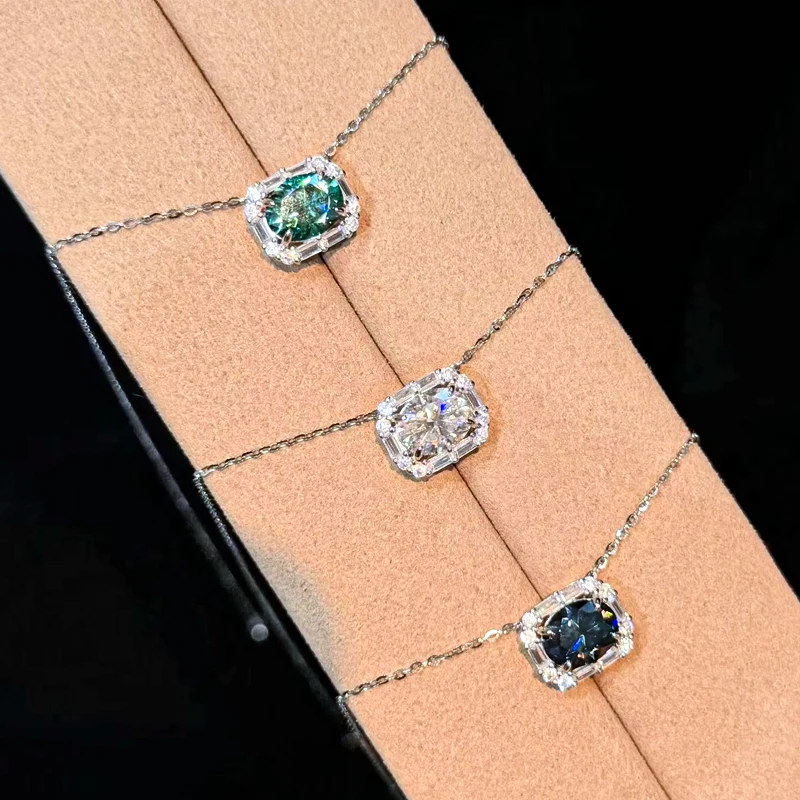 Women Oval‑Cut Green Blue D‑Color VVS1 Moissanite Pendant Necklace S925 Sterling Silver GRA Certified Pass Diamond Tester Luxury Fine Jewelry Wedding Anniversary Gift For Her