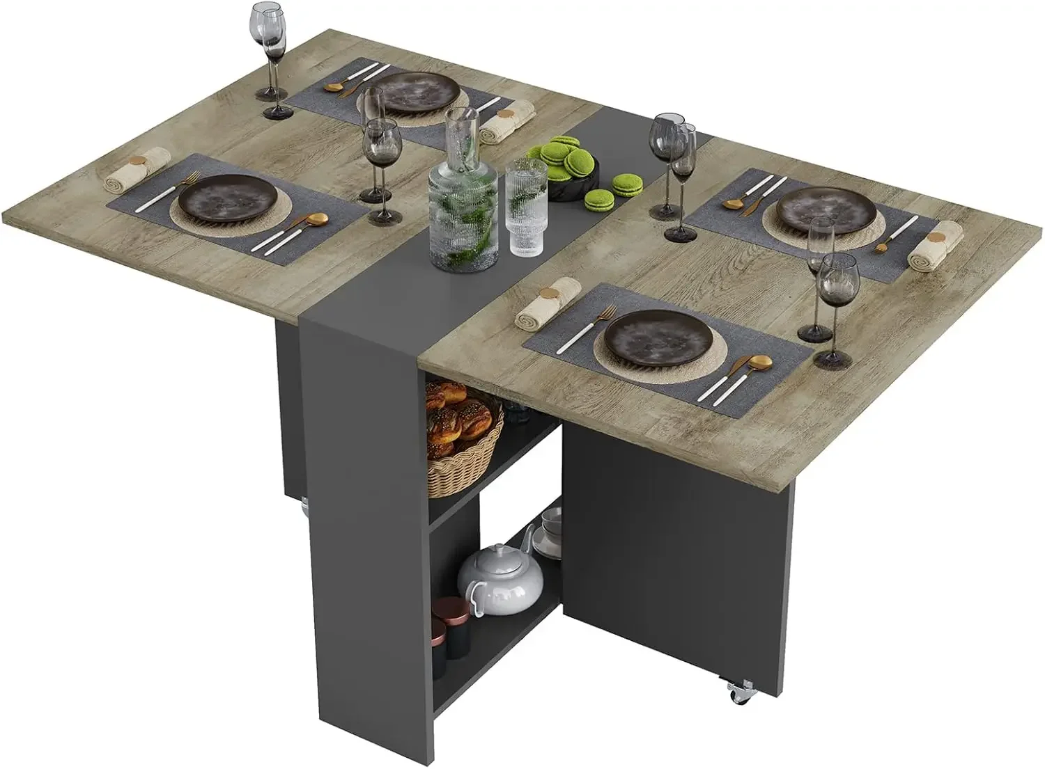 Mesa de comedor plegable con 2 estantes de almacenamiento, mesa de hojas caídas con 6 ruedas, mesa expandible multifunción para Cocina