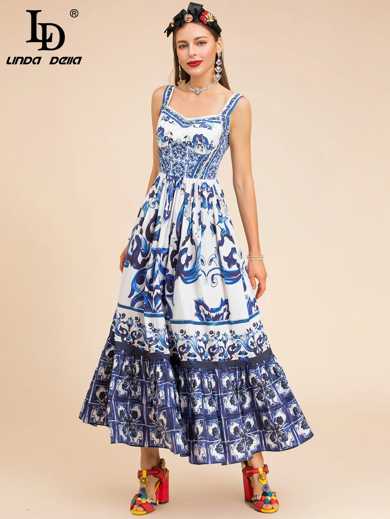 Imagem -05 - Linda Della-vestido Longo para Mulheres Feito de Algodão com Alça de Espaguete Impressão de Porcelana Azul e Branca para Férias Moda Verão ld