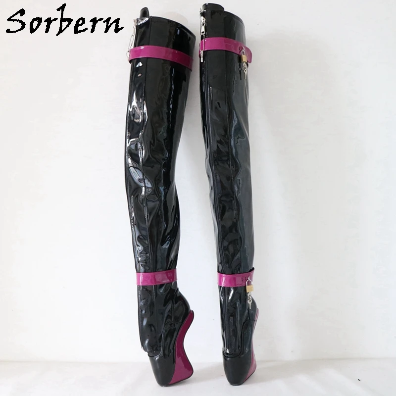 Sorbern Unisex Crosss Dressing Ballet Boots Women Crotch Thigh High Fetish Shoes With Straps Locks Heelless Bdsm Long Boot