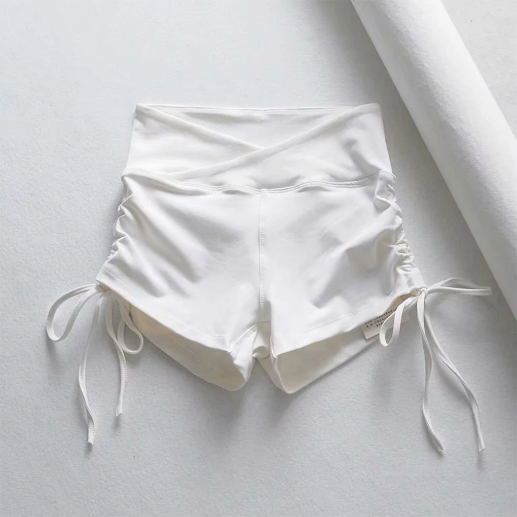 Women High Waist Sport Shorts Trousers Drawstring Hip Lifting Tights Pure Color Push Up Short Leggings for Yoga Running