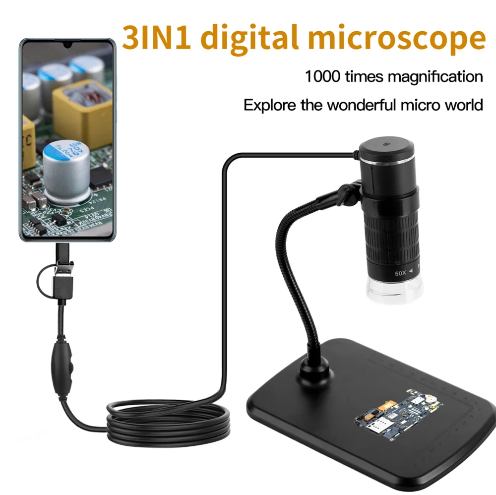 

3 in 1 USB Digital Video Microscope Magnifier Handheld Portable 1000X 8 LED Microscopio Microscopes for Electronics Soldering