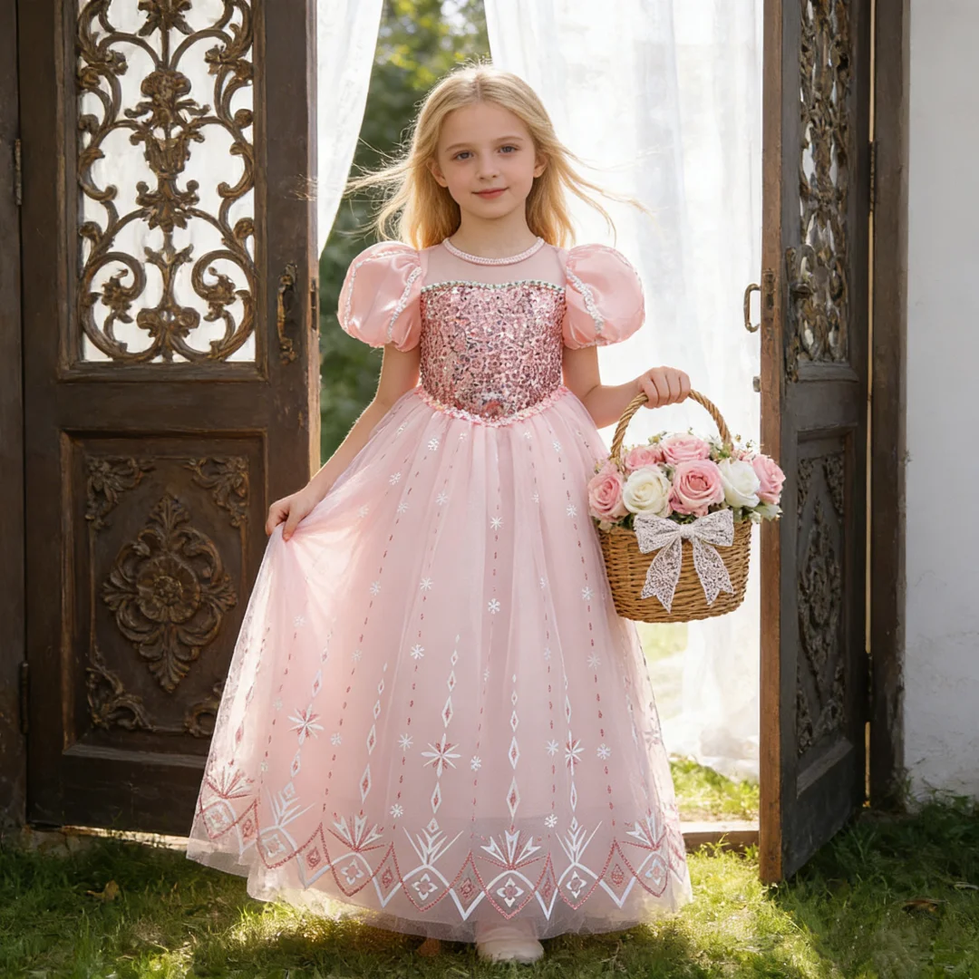 8pcs New Young Girls Frozen Elsa Party Dress Girl 2024 Cosplay Princess Gown Kids Snowflake Ice Fashion Clothes Fluffy Costumes