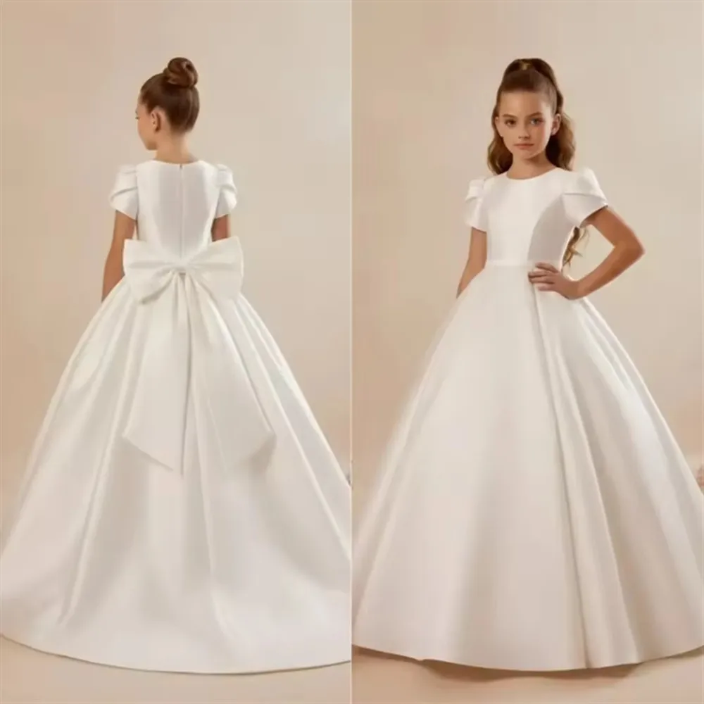 

Customized White Flower Girl Dress for Wedding With Bow Satin Floor Length Elegant First Communion Ball Birthday Party Gown