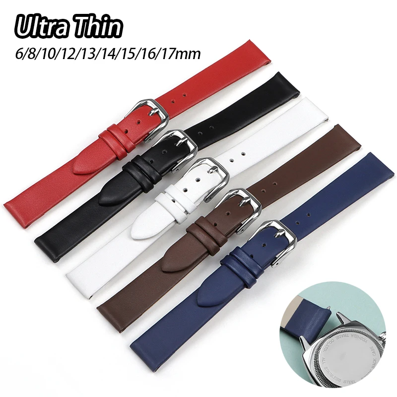 Correa de reloj de cuero ultrafina de 6mm, 8mm, 10mm y 12mm, correa de piel de vaca delgada, pulsera Universal deportiva suave para hombres y mujeres, banda impermeable