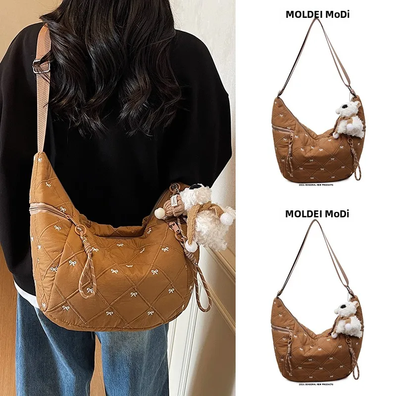 

Весенне-летняя женская модная сумка-пельмень большой вместимости с вышивкой, коричневая сумка-пельмень с узлом